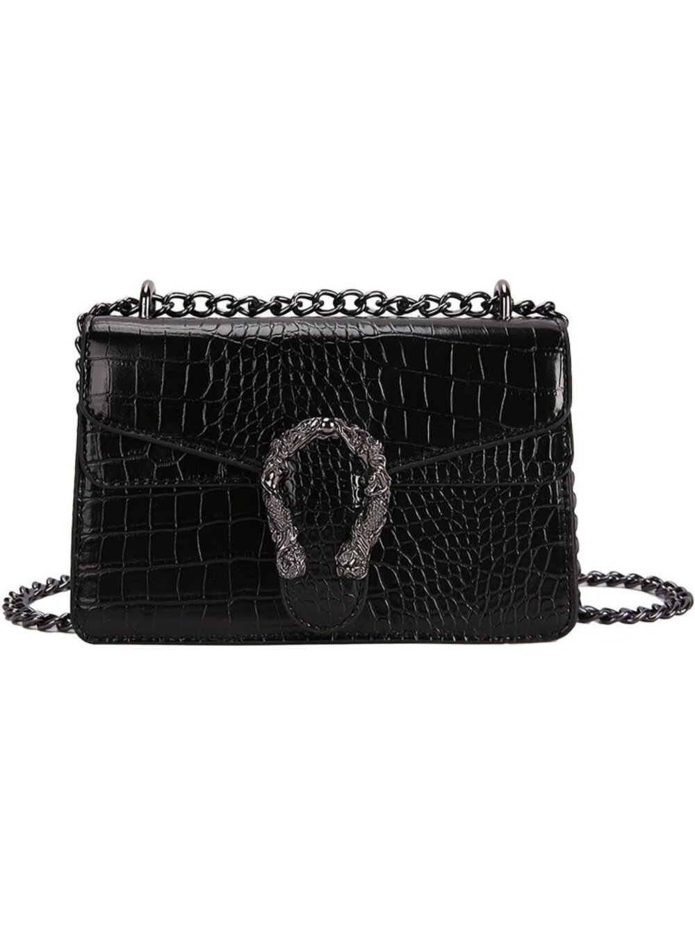 Women's B Black Leather Snake Print Vintage Purse Chain Crossbody Bag